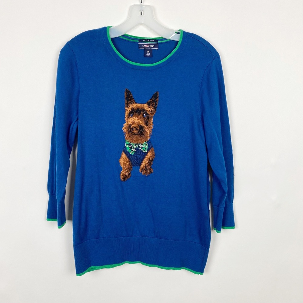 Lands' End‎ Scottie Dog Supima Cotton Knit Sweater Womens M Blue 3/4 Sleeve
